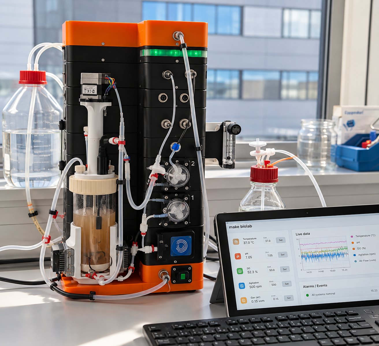 MAKE controller software on a tablet next to the bioreactor